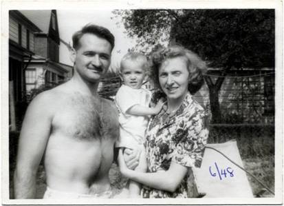 June 1948,  Jack, Adhiratha [Kevin], Wanda [holding 1 yr old A]  194-18 116 Ave., St Albans N.Y.